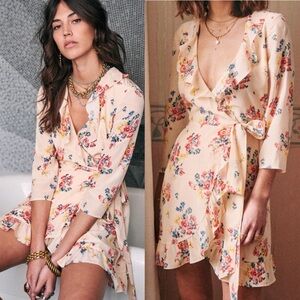 Sezane Asianne 100% Silk Wrap Dress Size 46 French US 14 Old School Floral Print